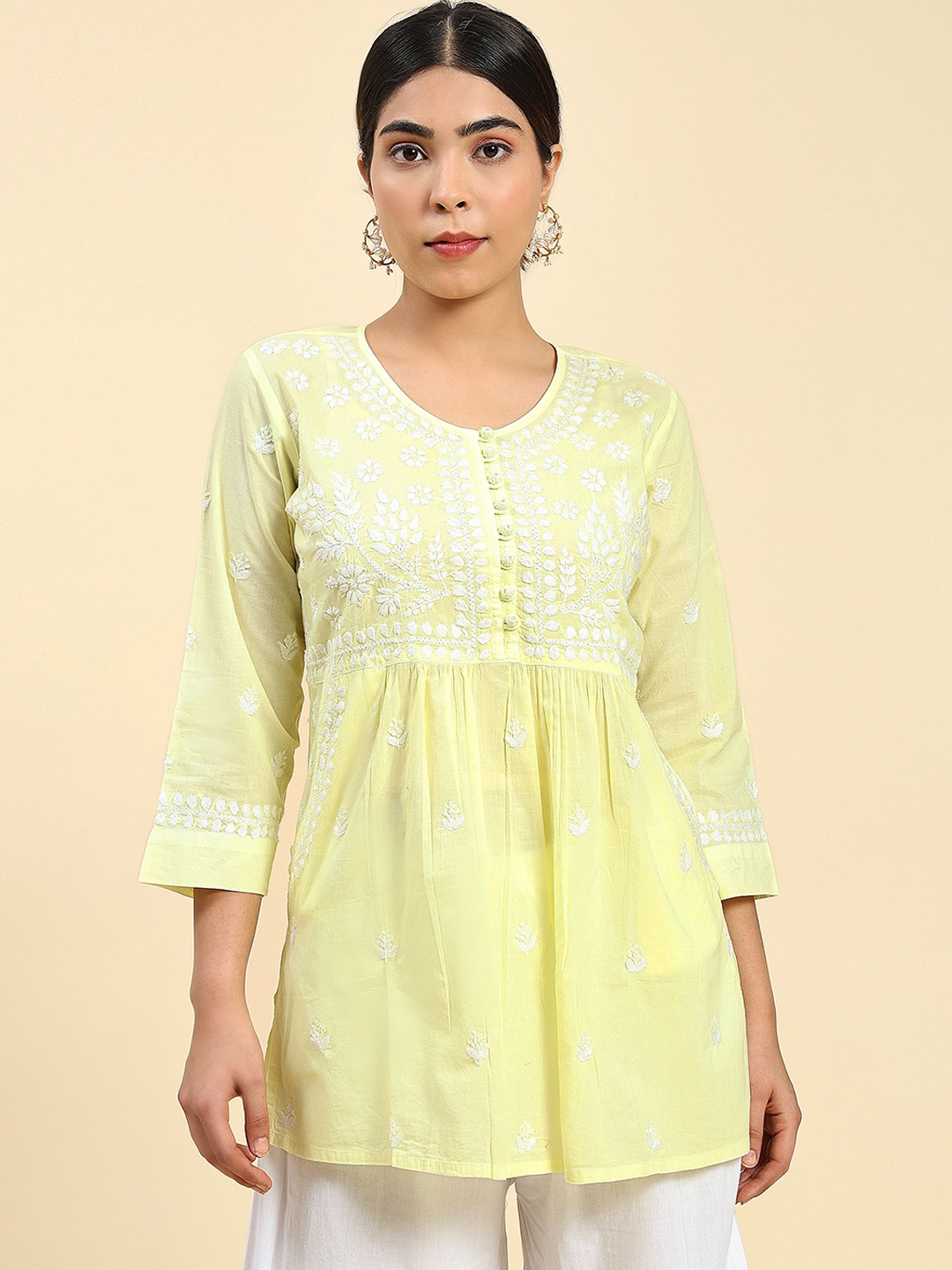 

HOUSE OF KARI Ethnic Motifs Embroidered Chikankari A-Line Cotton Kurta, Yellow
