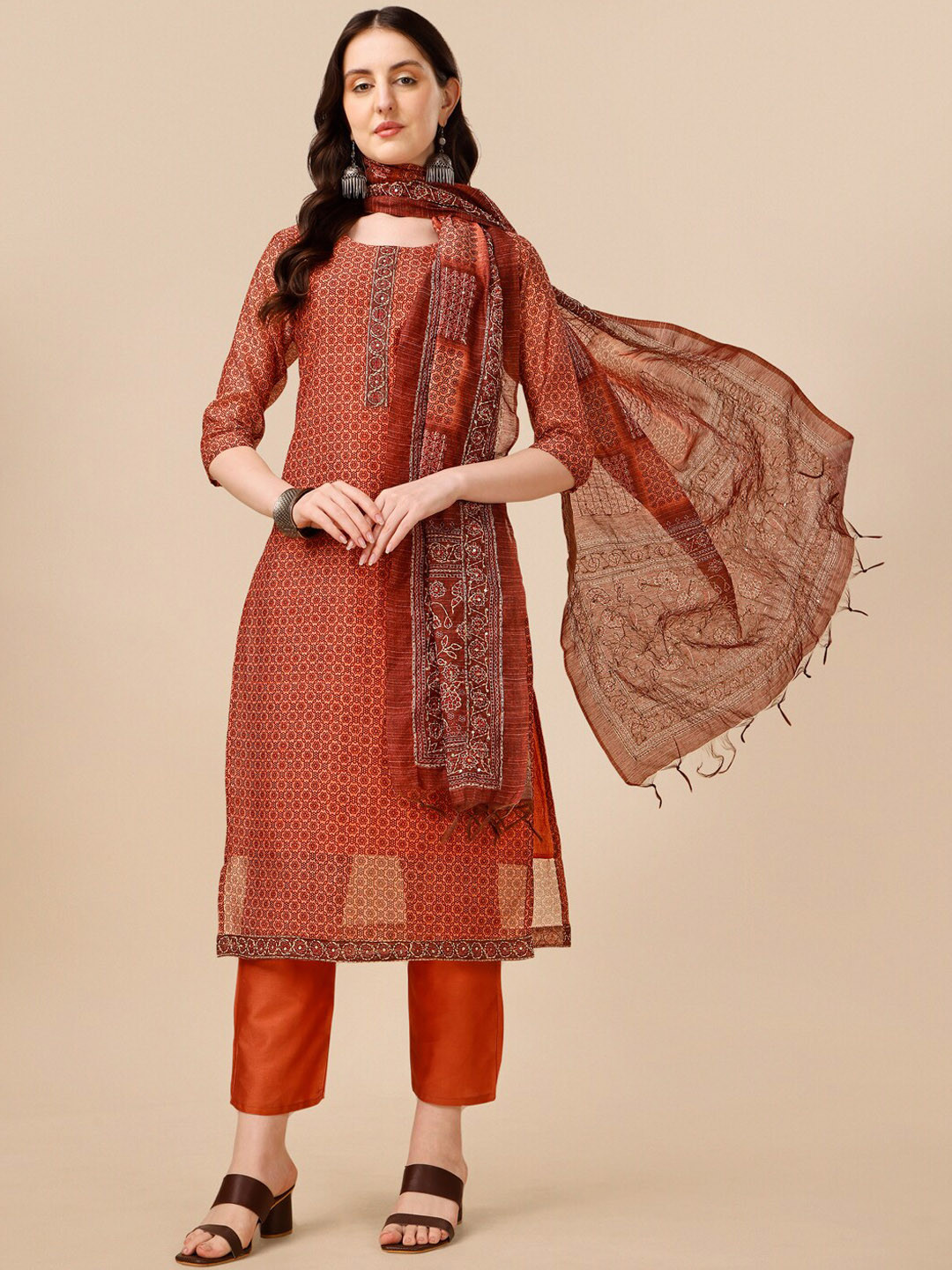

Berrylicious Floral Printed Chanderi Cotton Kurta With Trousers & Dupatta, Orange