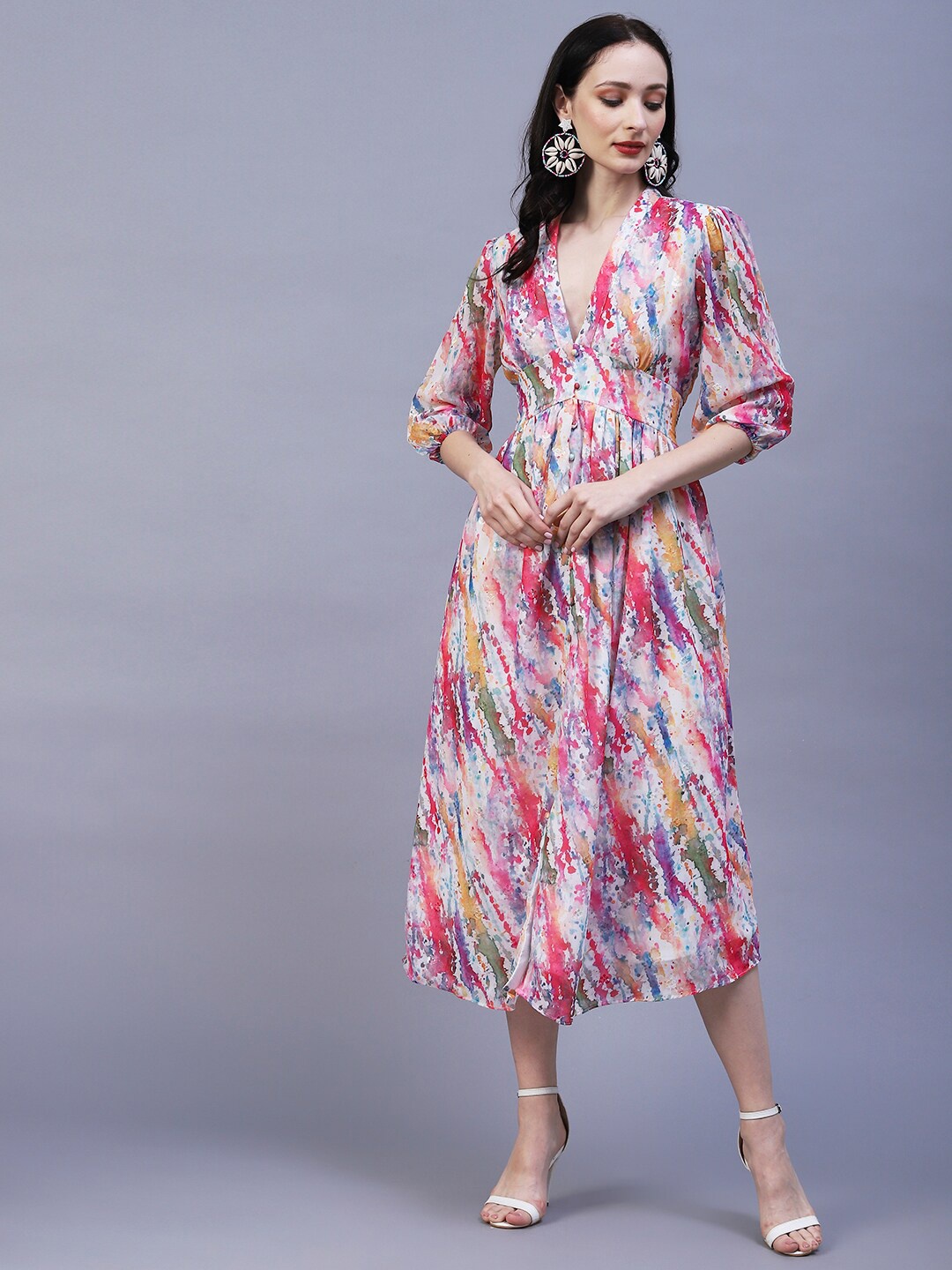 

FASHOR Abstract Printed Crepe A-Line Midi Dress, Pink