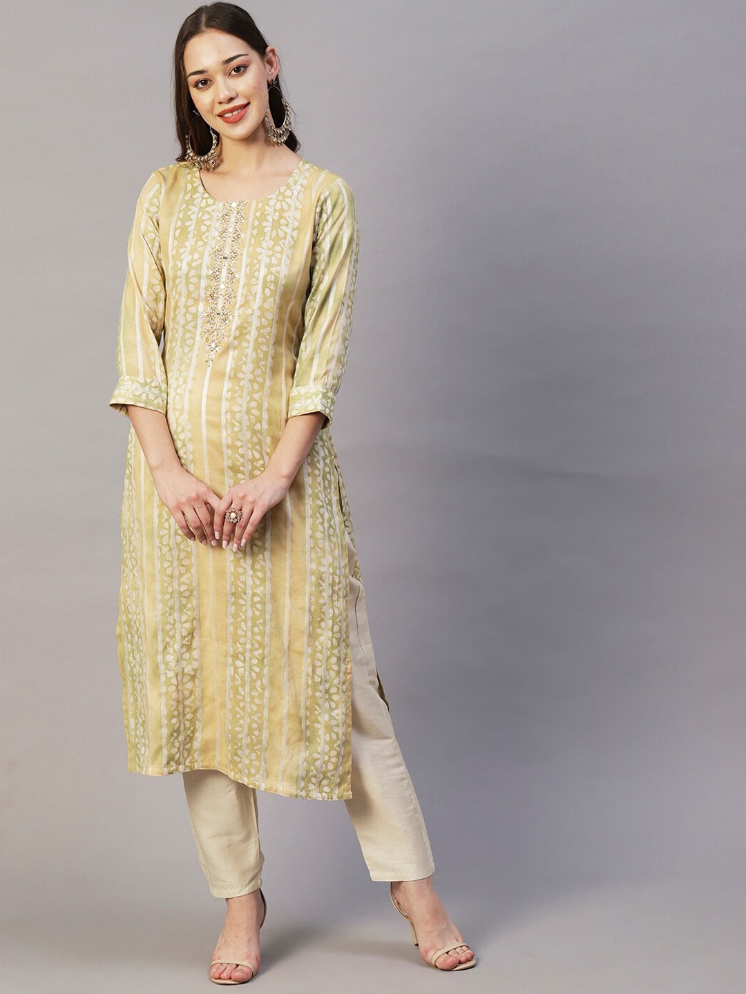 

FASHOR Mustard Yellow Printed Beads Detail Chanderi Cotton Kurta with Trousers