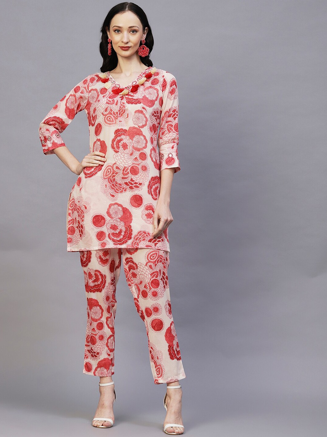 

FASHOR Red & Beige Floral Printed Mirror Work Pure Cotton Kurta with Trousers