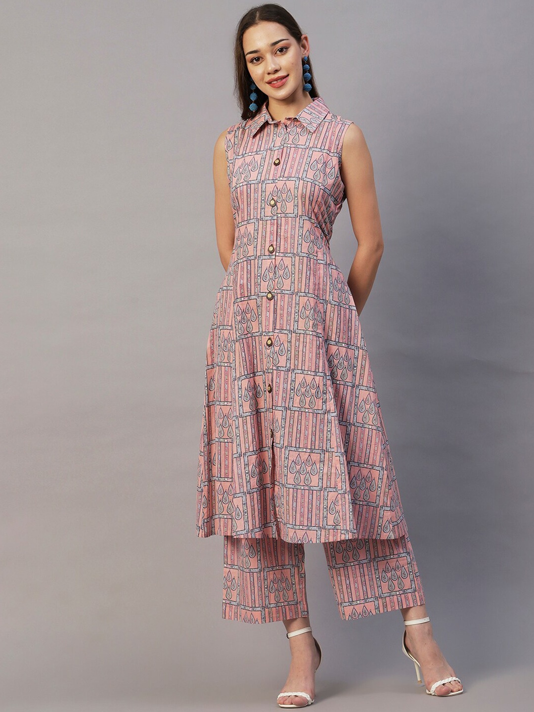 

FASHOR Pink & Grey Ethnic Printed Shirt Collar A-Line Pure Cotton Kurta with Palazzos