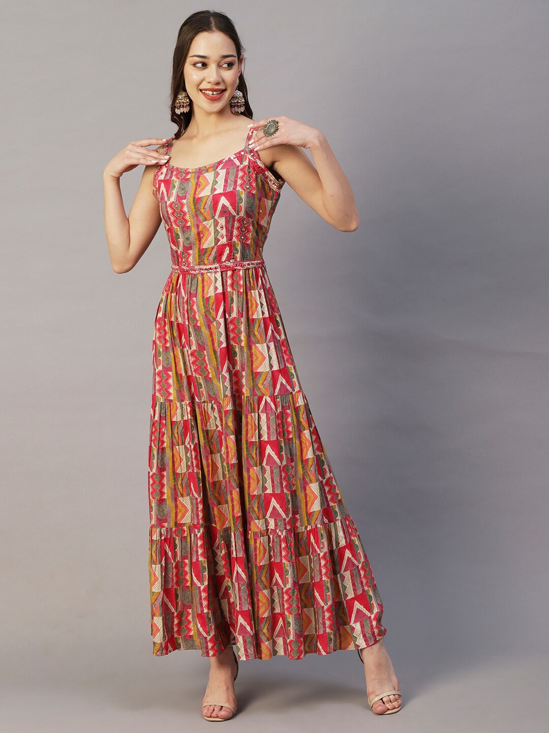 

FASHOR Geometric Printed Embroidered Shoulder Straps Crepe Maxi Dress, Red