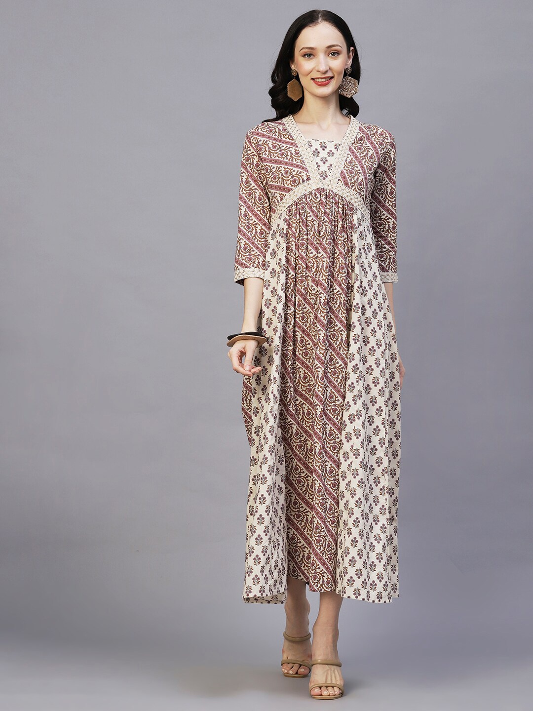 

FASHOR Ethnic Motifs Printed Cotton Maxi Empire Dress, Off white