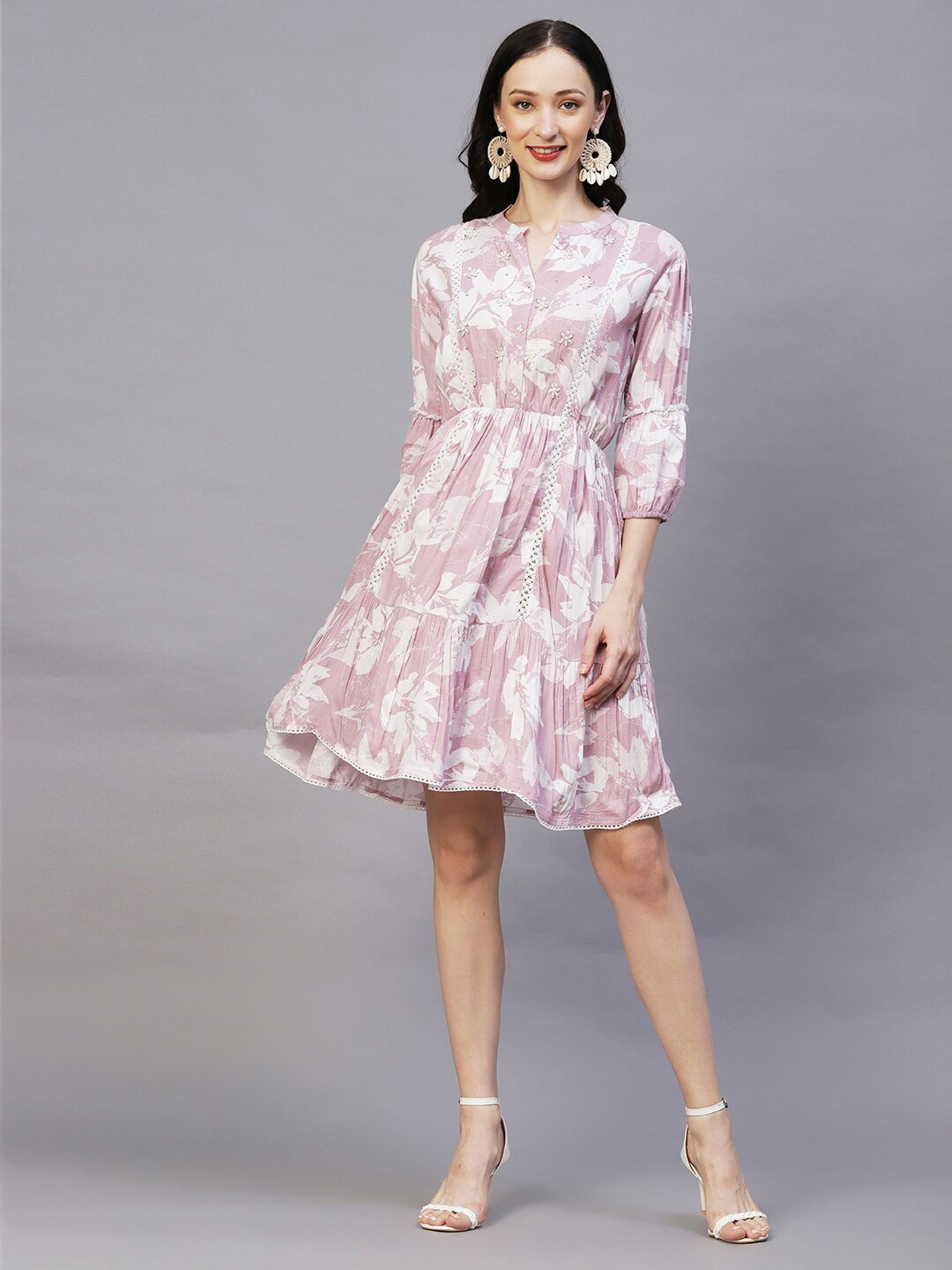 

FASHOR Floral Printed Tiered Cotton Fit & Flare Dress, Pink