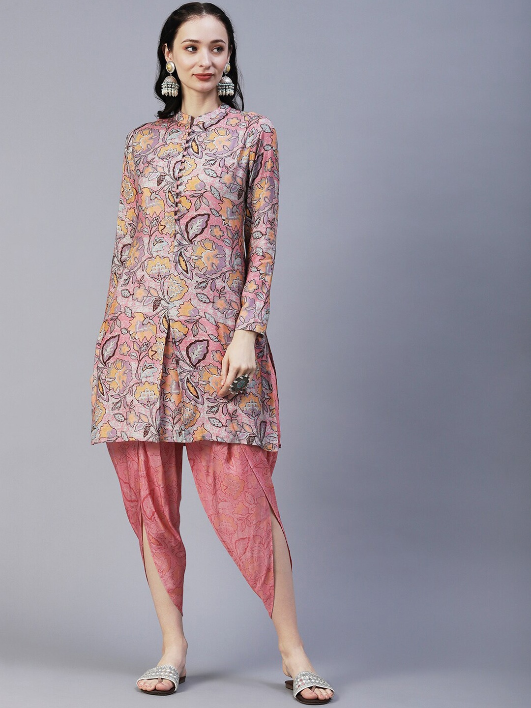 

FASHOR Pink & Grey Floral Printed Kurta with Dhoti Pants