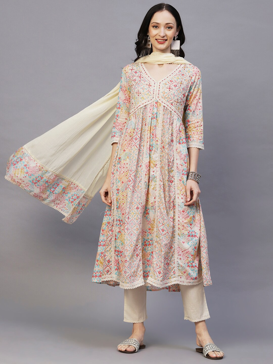 

FASHOR Beige & Red Printed A-line Pure Cotton Kurta with Trousers & Dupatta