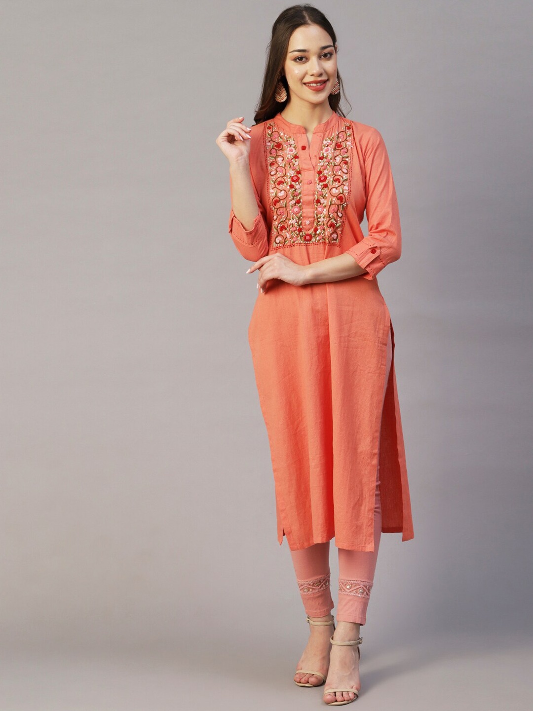 

FASHOR Peach-Color & Pink Mandarin Collar Floral Embroidered Straight Cotton Kurta