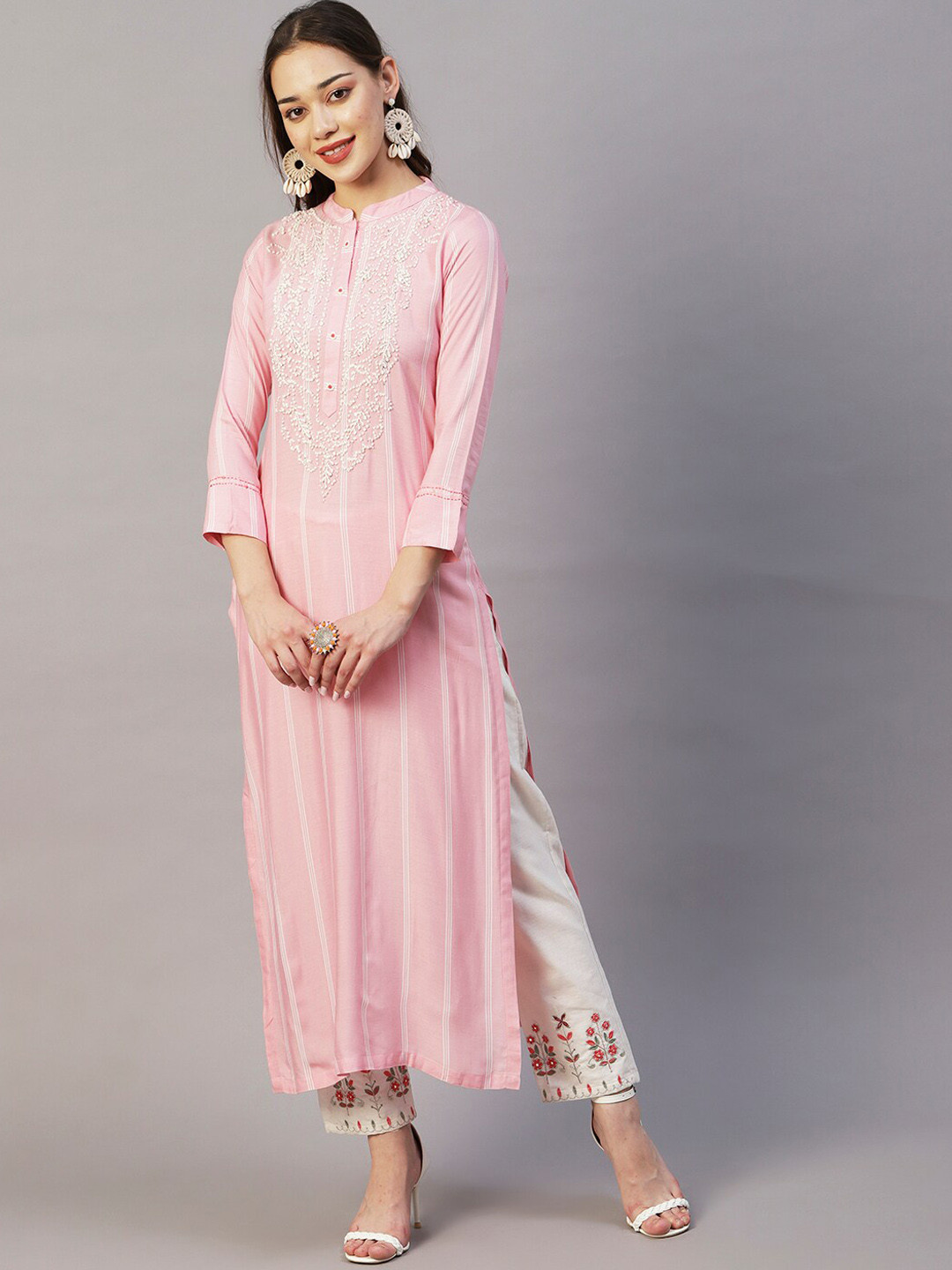 

FASHOR Pink & White Mandarin Collar Striped Thread Work Straight Cotton Kurta