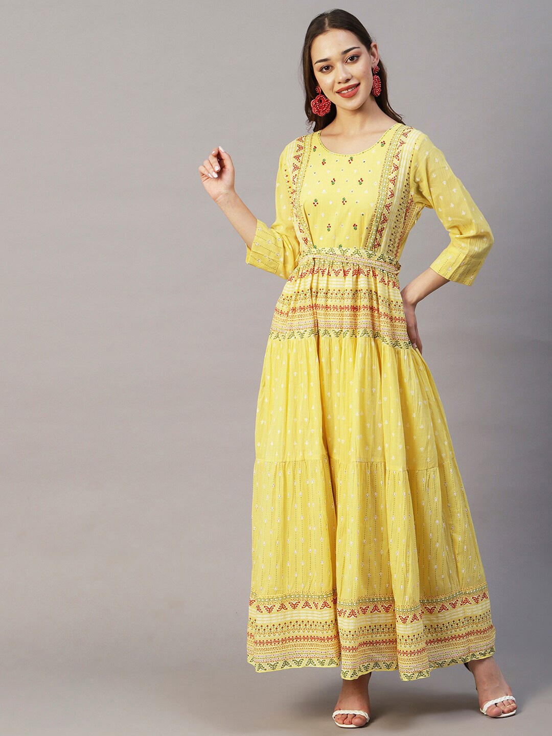 

FASHOR Ethnic Motifs Printed Maxi Cotton Ethnic Dress With Belt, Yellow