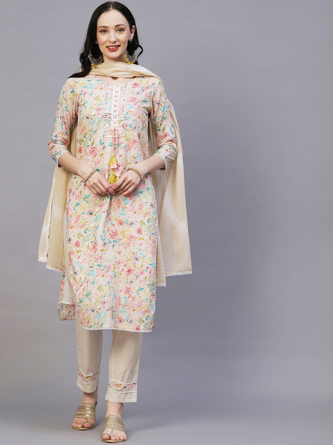 

FASHOR Beige & Pink Floral Printed Thread Work Gotta Patti Kurta with Trousers & Dupatta