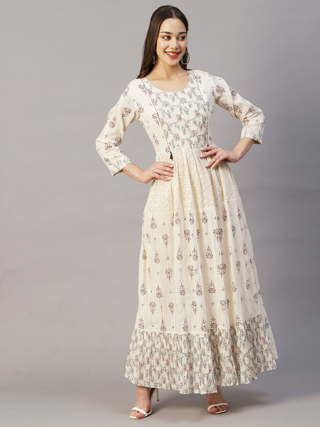 

FASHOR Ethnic Motifs Printed Schiffli Maxi Cotton Ethnic Dress With Belt, Off white