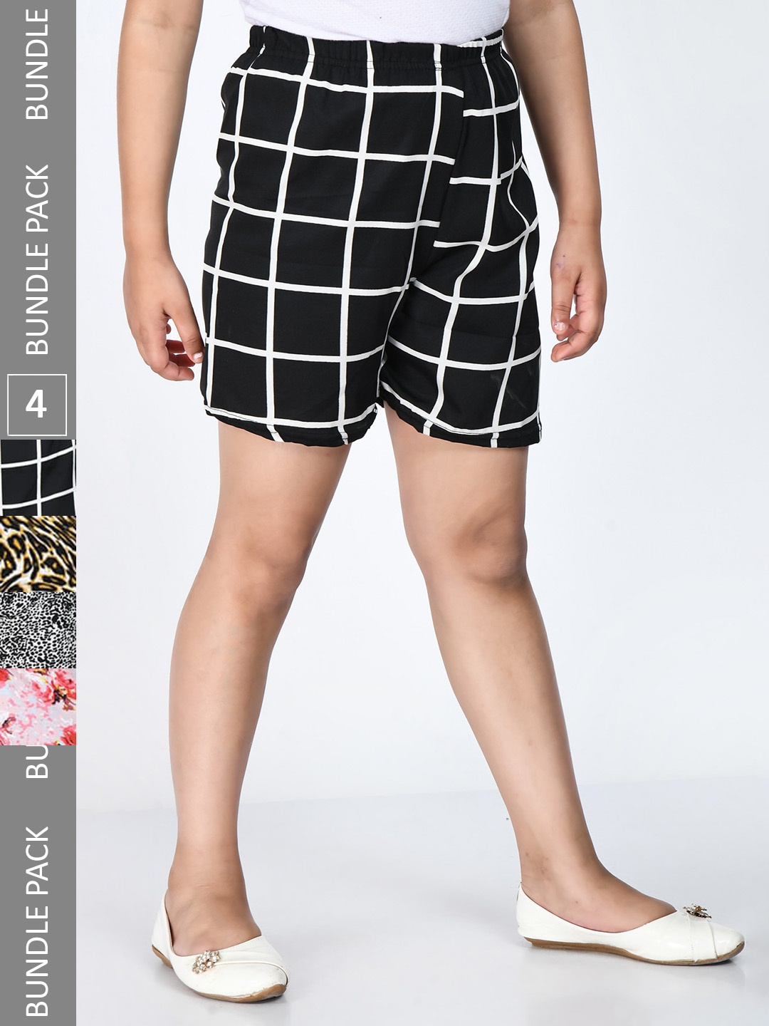 

IndiWeaves Girls Pack Of 4 Printed High-Rise Crepe Shorts, Black