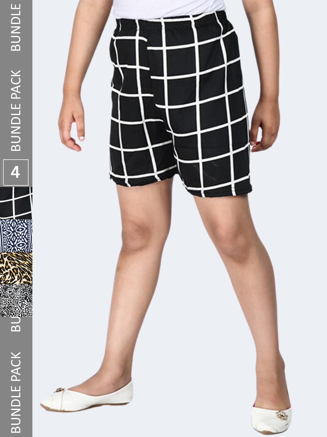

IndiWeaves Girls Pack Of 4 Printed High-Rise Crepe Shorts, Black