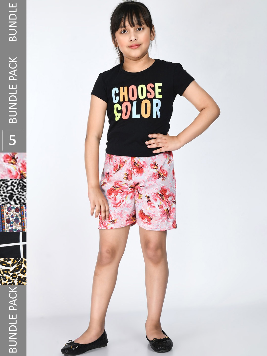 

IndiWeaves Girls Pack Of 5 Printed High-Rise Shorts, Pink