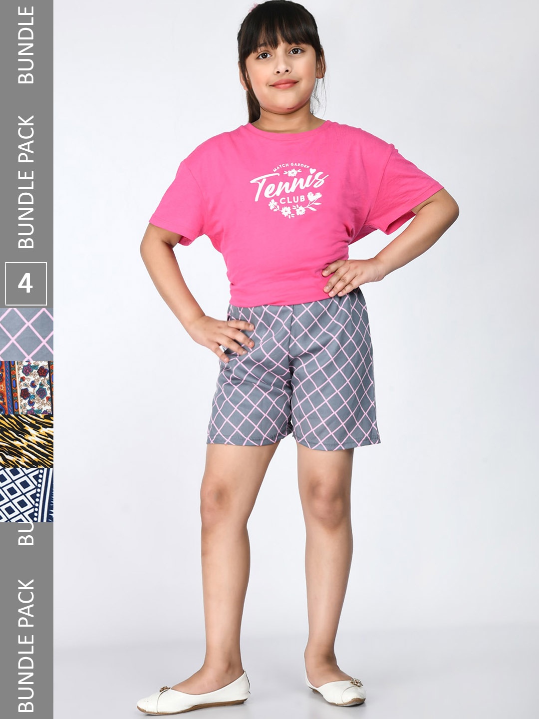 

IndiWeaves Girls Pack Of 4 Printed High-Rise Shorts, Grey