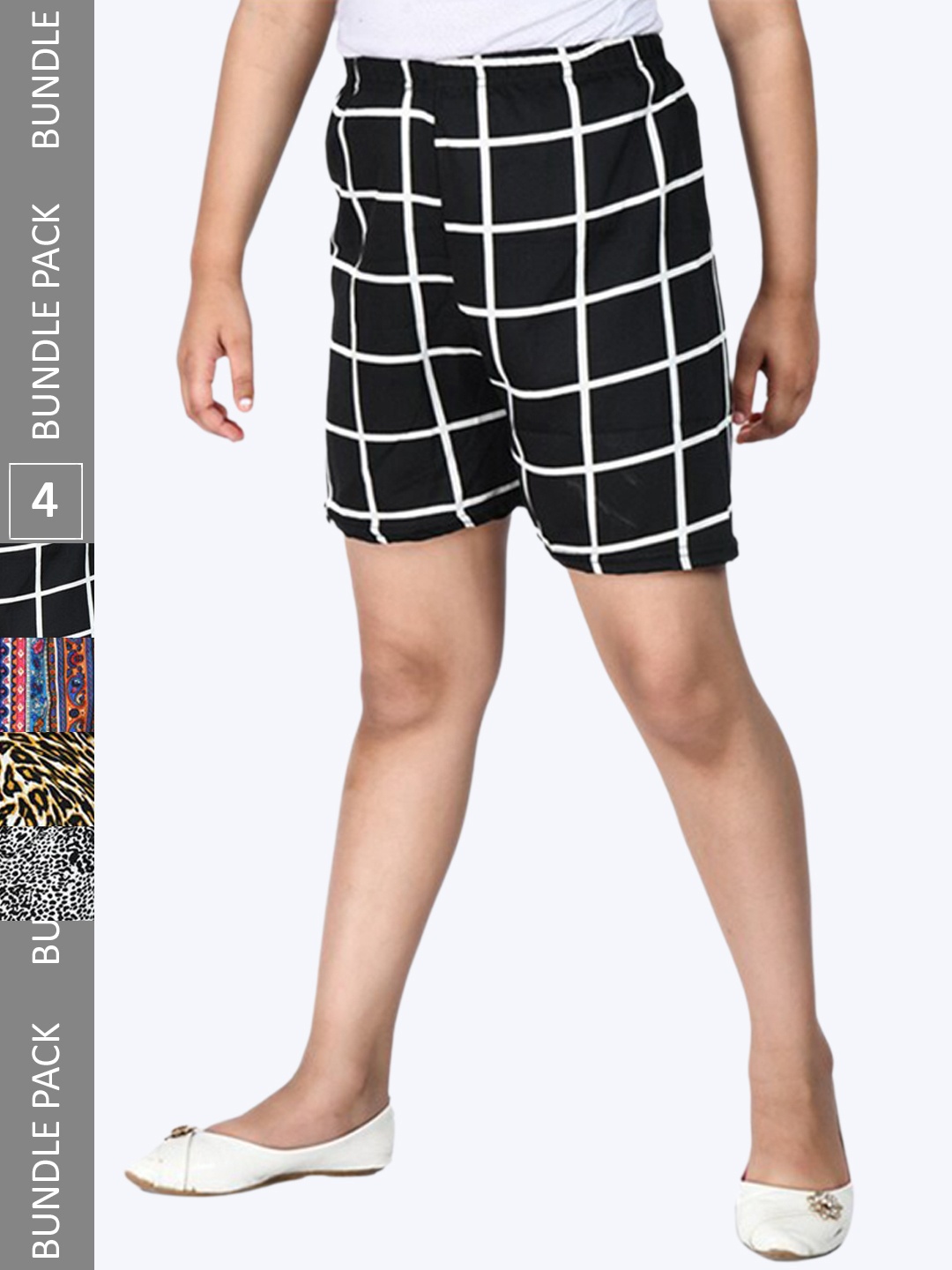 

IndiWeaves Girls Pack Of 4 Printed High-Rise Crepe Shorts, Black
