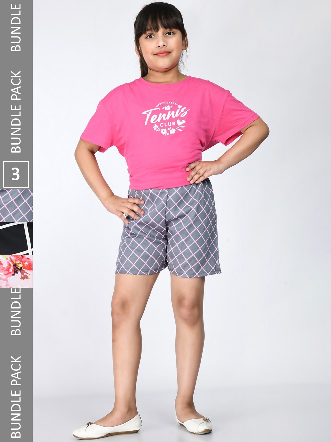 

IndiWeaves Girls Pack Of 3 Printed High-Rise Crepe Shorts, Pink