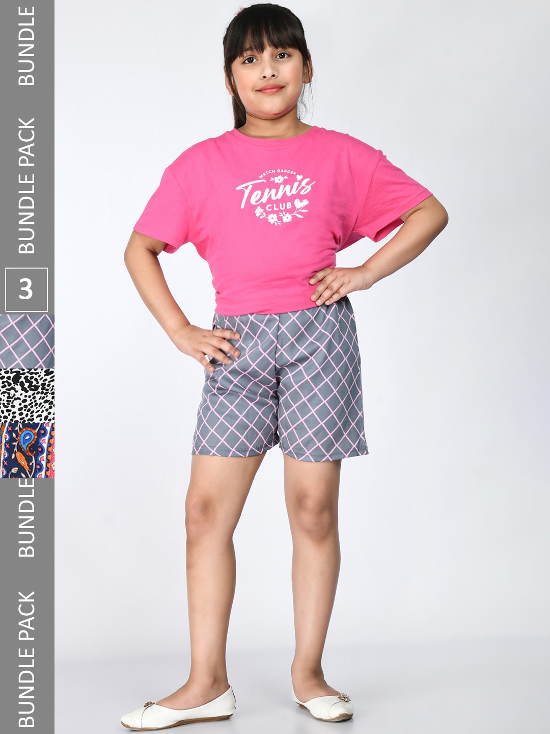 

IndiWeaves Girls Pack Of 3 Printed High-Rise Shorts, Grey