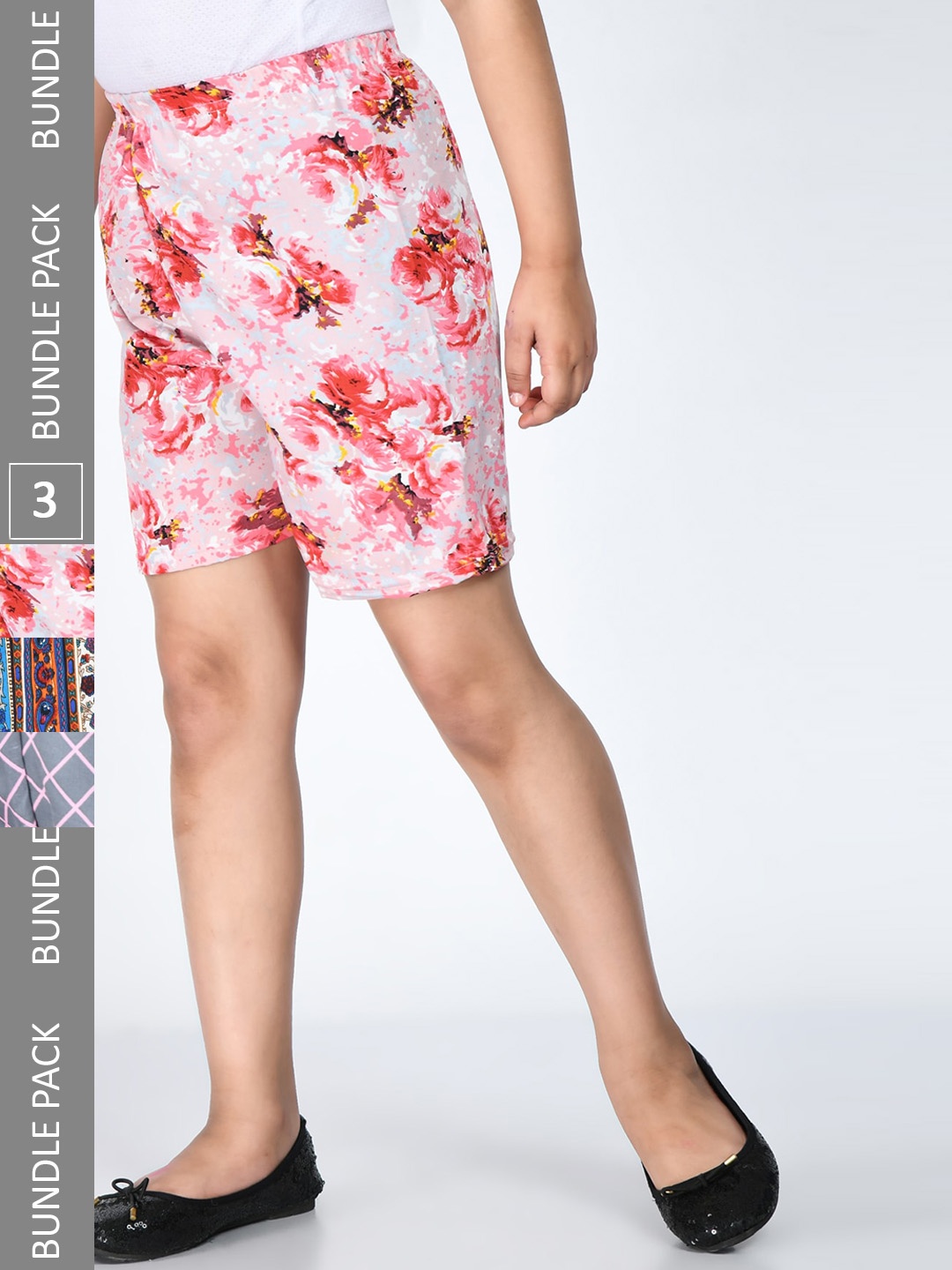 

IndiWeaves Girls Pack Of 3 Printed High-Rise Crepe Shorts, Pink