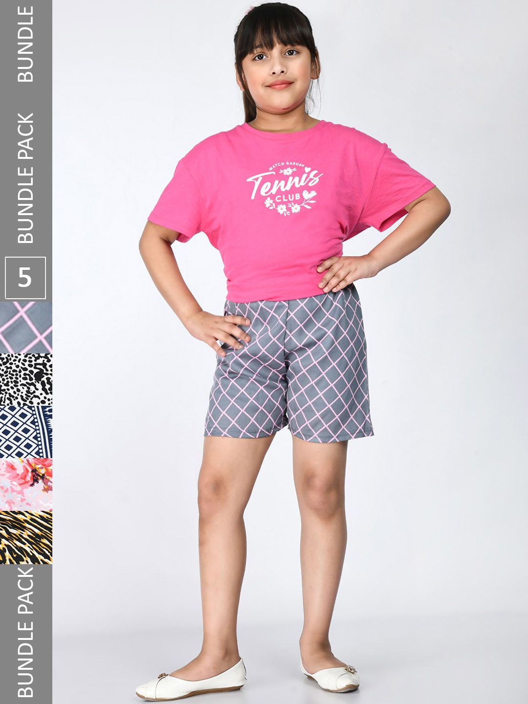 

IndiWeaves Girls Pack Of 5 Printed High-Rise Shorts, Blue