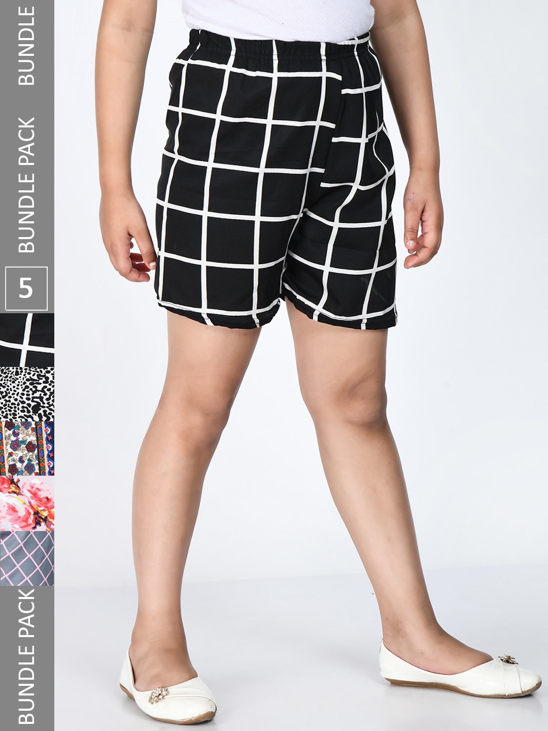 

IndiWeaves Girls Pack Of 5 Printed High-Rise Shorts, Black