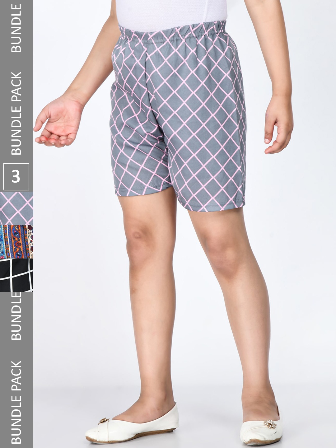 

IndiWeaves Girls Pack Of 3 Printed High-Rise Shorts, Grey