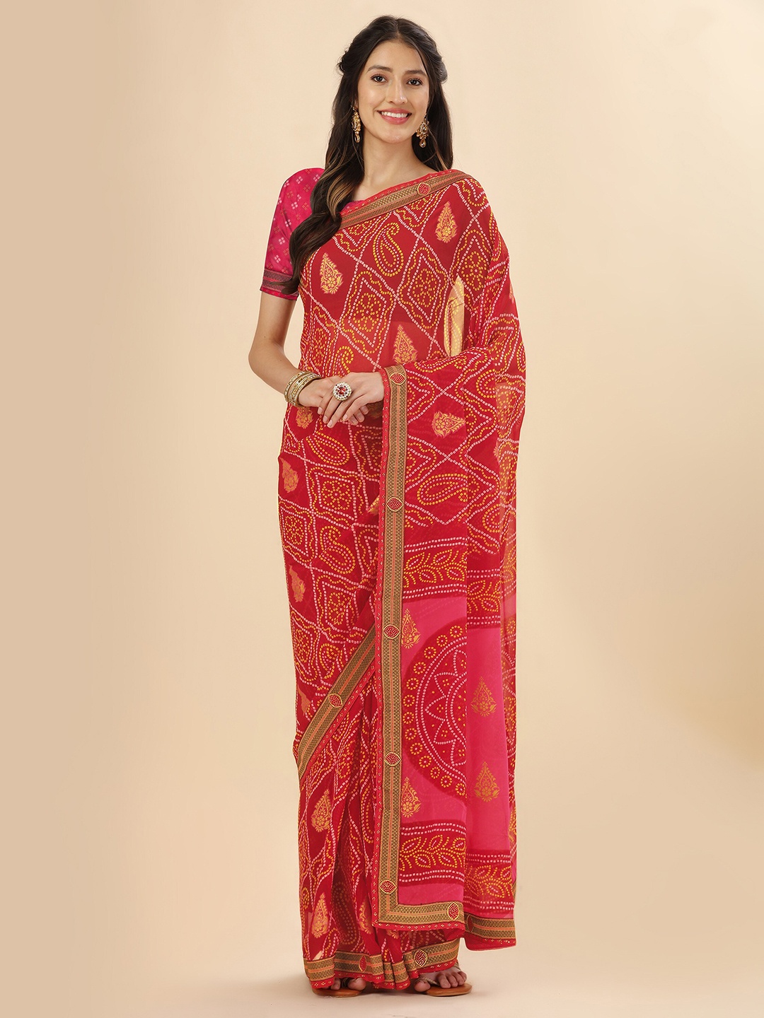 

Mitera Red Floral Pure Georgette Saree