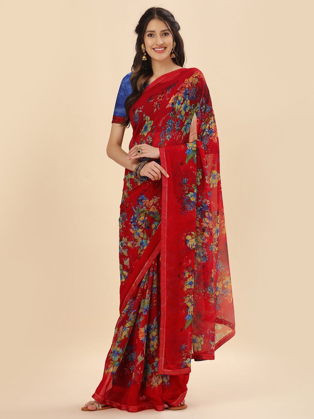 

Mitera Floral Stone Work Pure Georgette Saree, Red