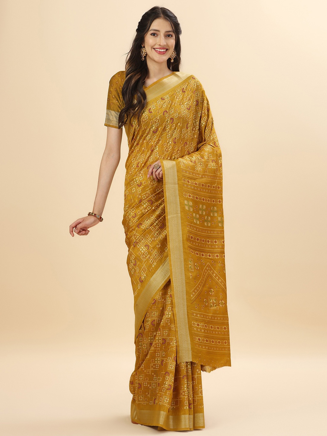 

Mitera Mustard Bandhani Zari Pure Silk Banarasi Saree