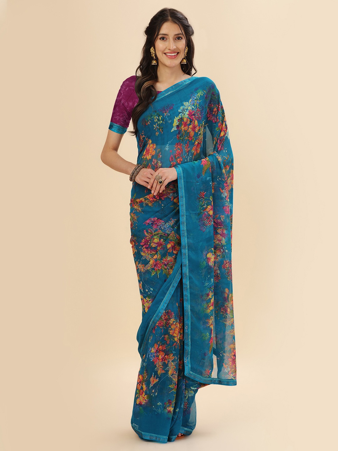 

Mitera Floral Stone Work Pure Georgette Saree, Teal