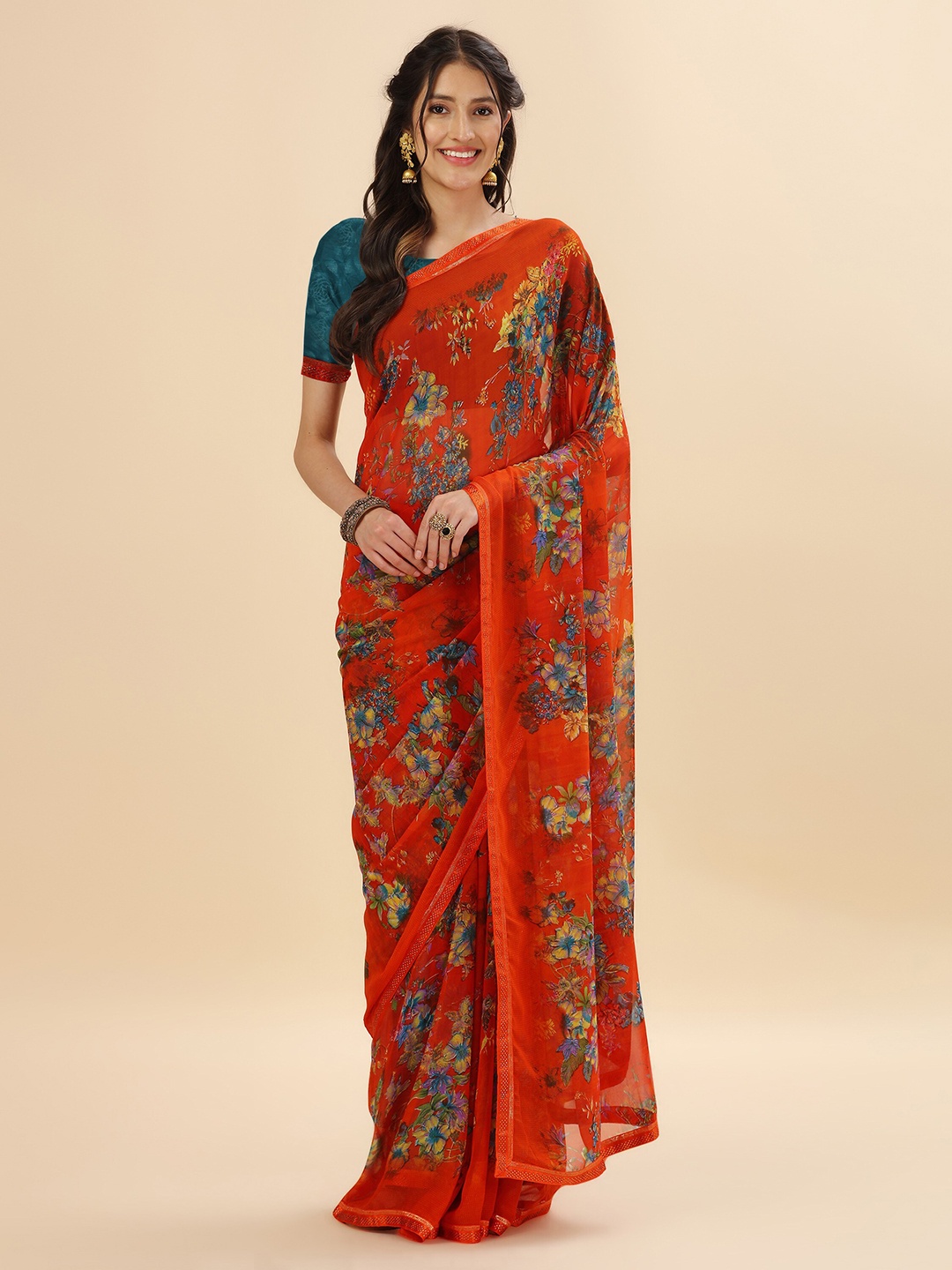 

Mitera Orange & Green Floral Beads and Stones Pure Georgette Saree