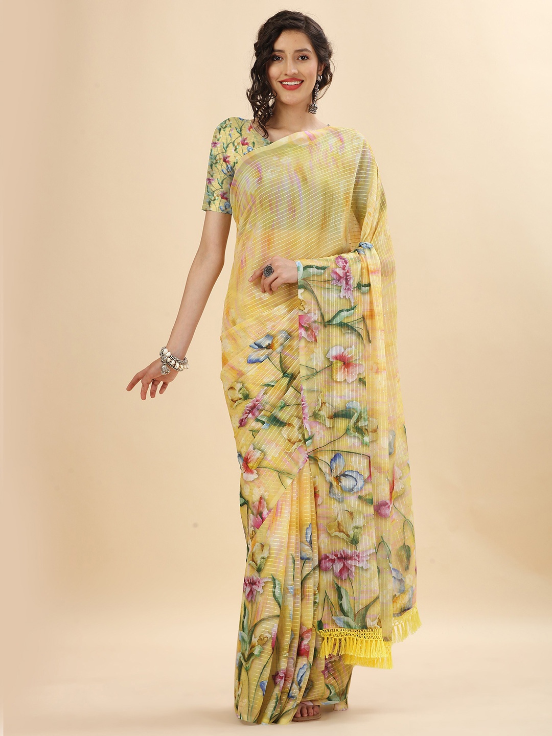 

Mitera Yellow & Green Floral Sequinned Pure Georgette Saree
