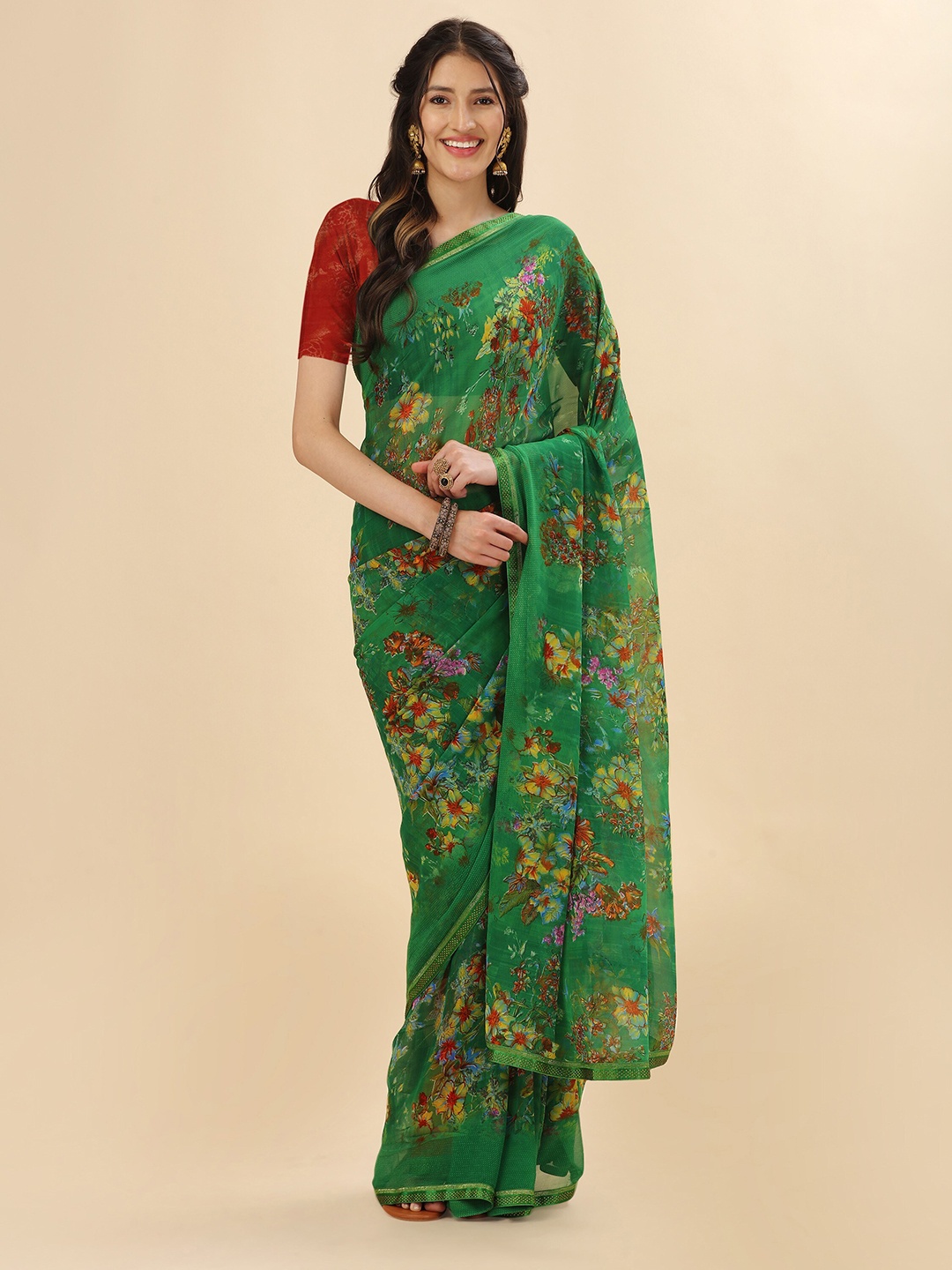 

Mitera Green & Red Floral Stone Work Pure Georgette Saree