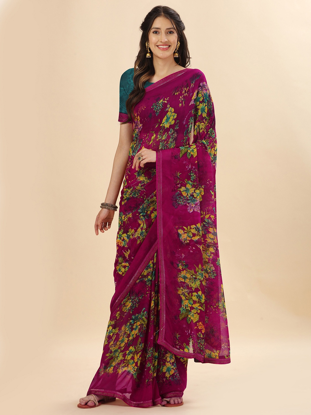 

Mitera Magenta & Green Floral Stone Work Pure Georgette Saree