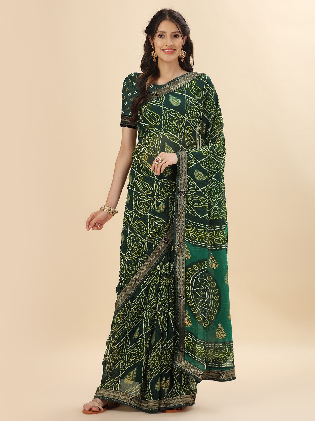 

Mitera Green & Yellow Bandhani Stones Work Pure Georgette Saree