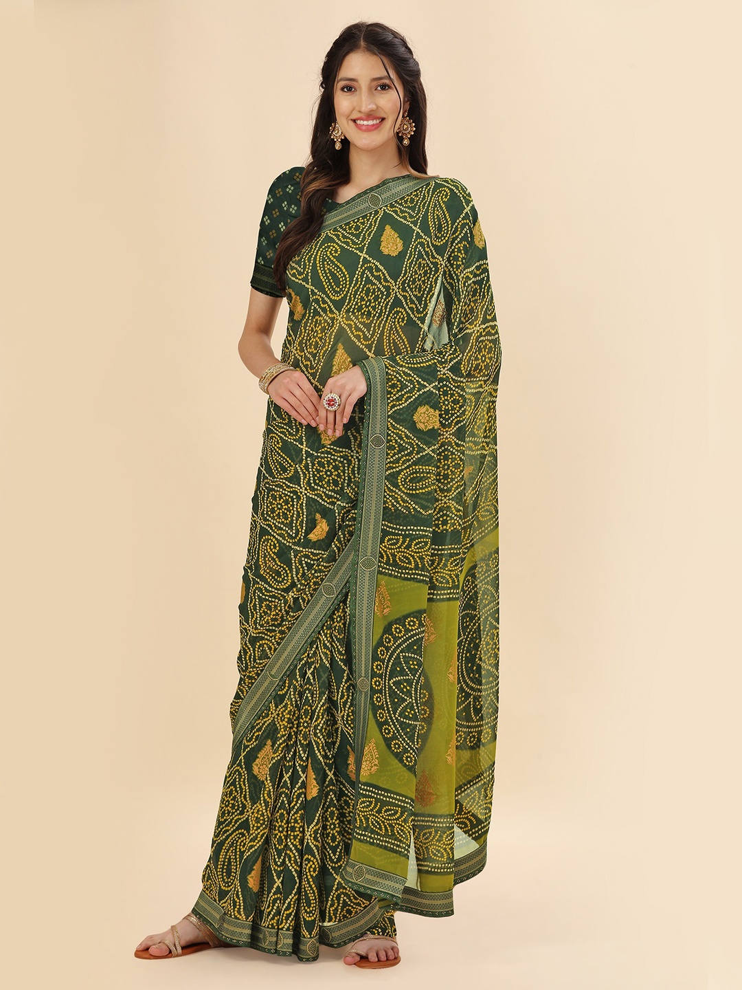 

Mitera Green & Yellow Bandhani Beads and Stones Pure Georgette Saree