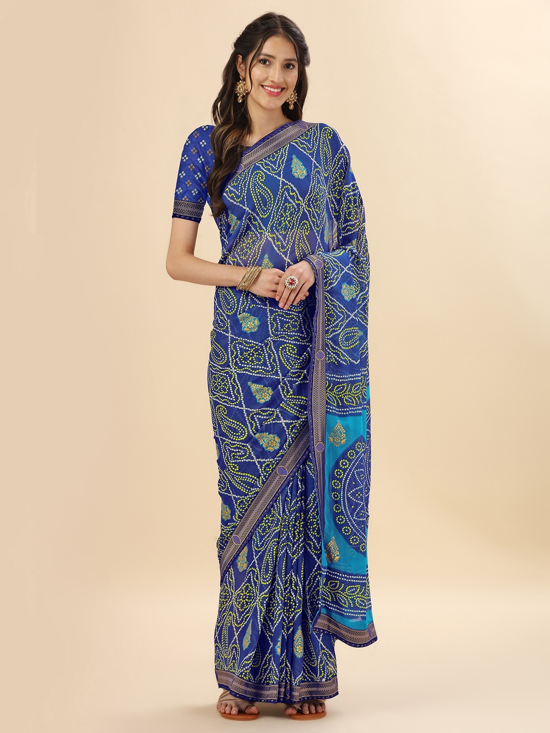 

Mitera Navy Blue & Green Bandhani Stones Work Pure Georgette Saree