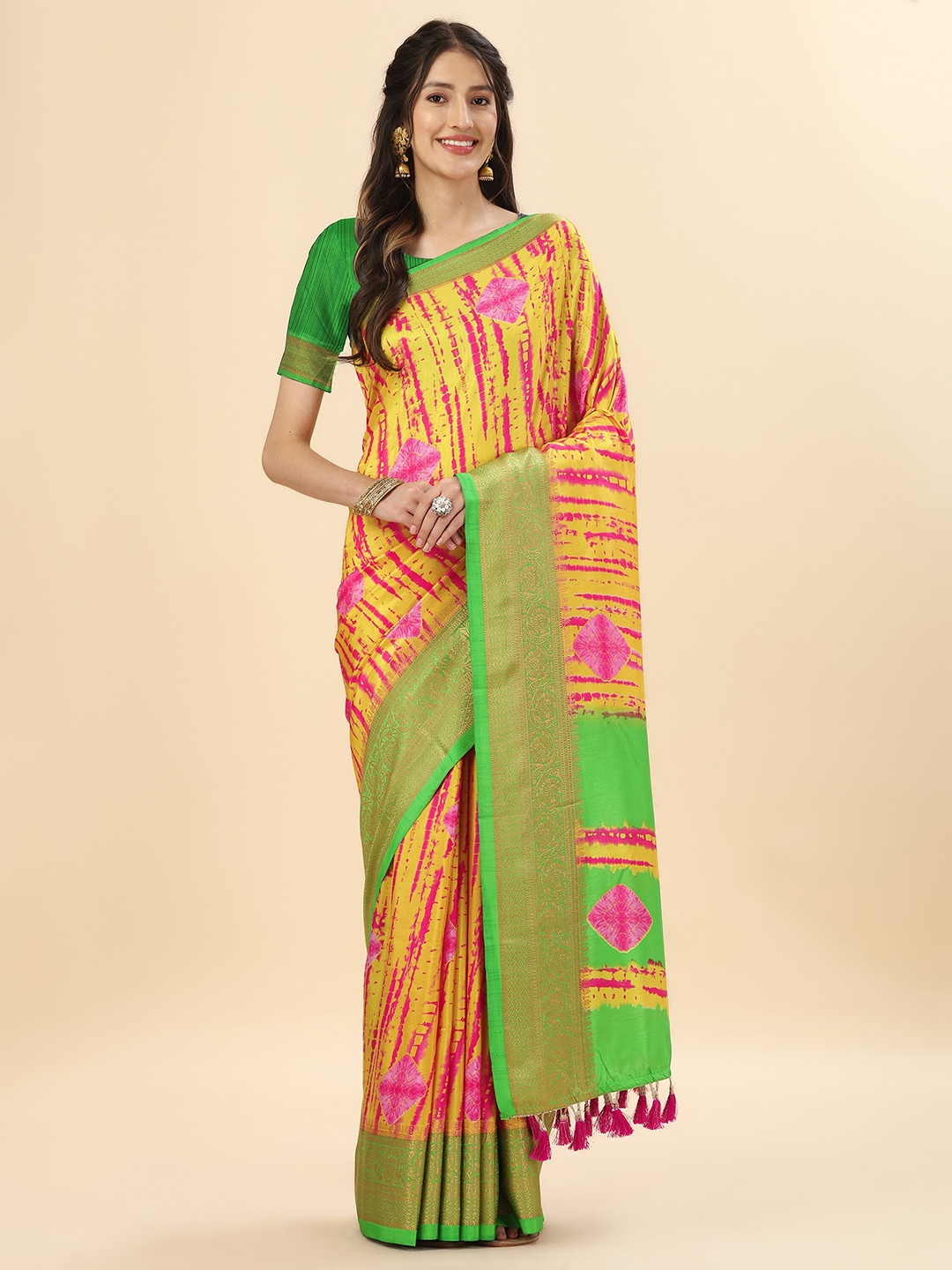 

Mitera Yellow & Green Bandhani Zari Pure Silk Banarasi Saree