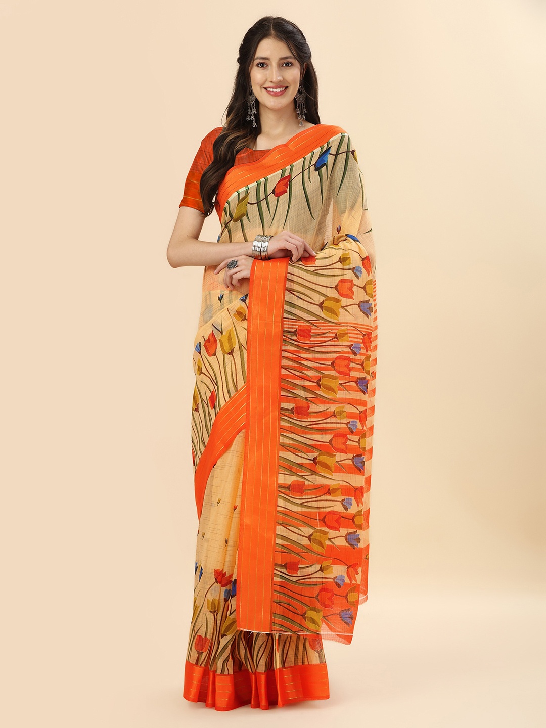 

Mitera Beige & Orange Floral Zari Pure Cotton Banarasi Saree