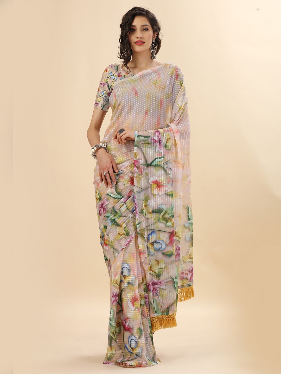 

Mitera Beige & Green Floral Sequinned Pure Georgette Saree