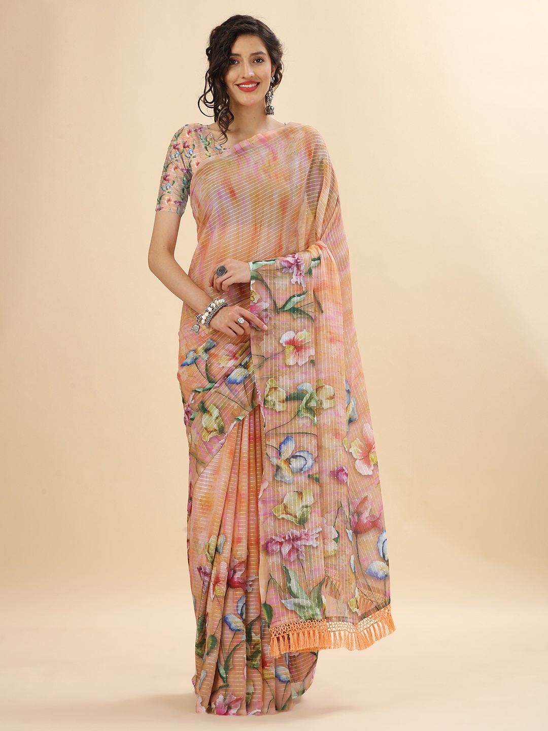 

Mitera Peach & Green Floral Sequinned Pure Georgette Saree