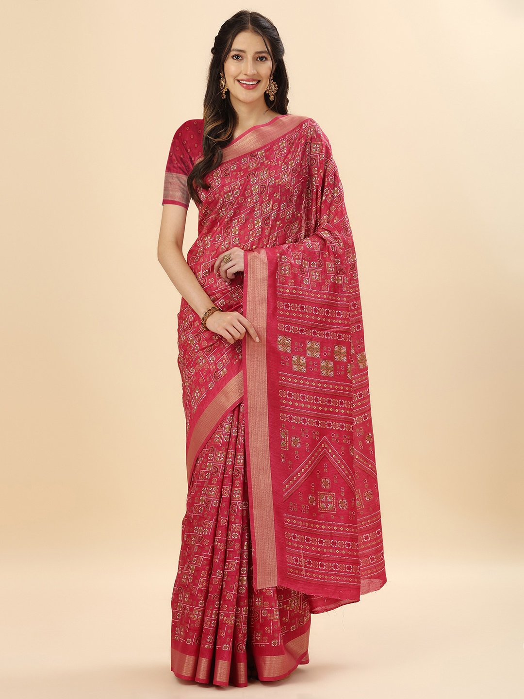 

Mitera Magenta & Green Ethnic Motifs Zari Pure Silk Banarasi Saree