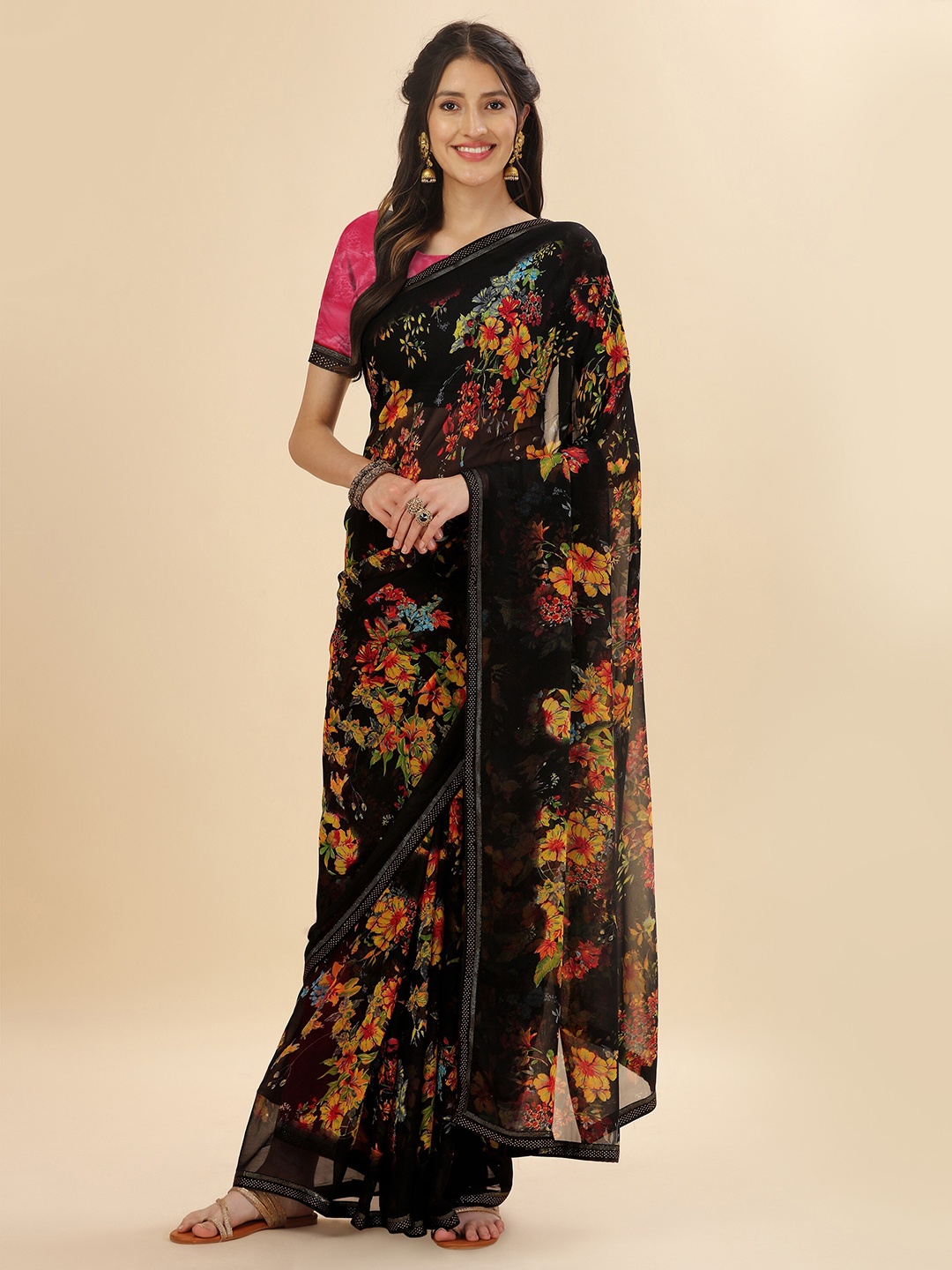 

Mitera Floral Stones Work Pure Georgette Saree With Blouse Piece, Black