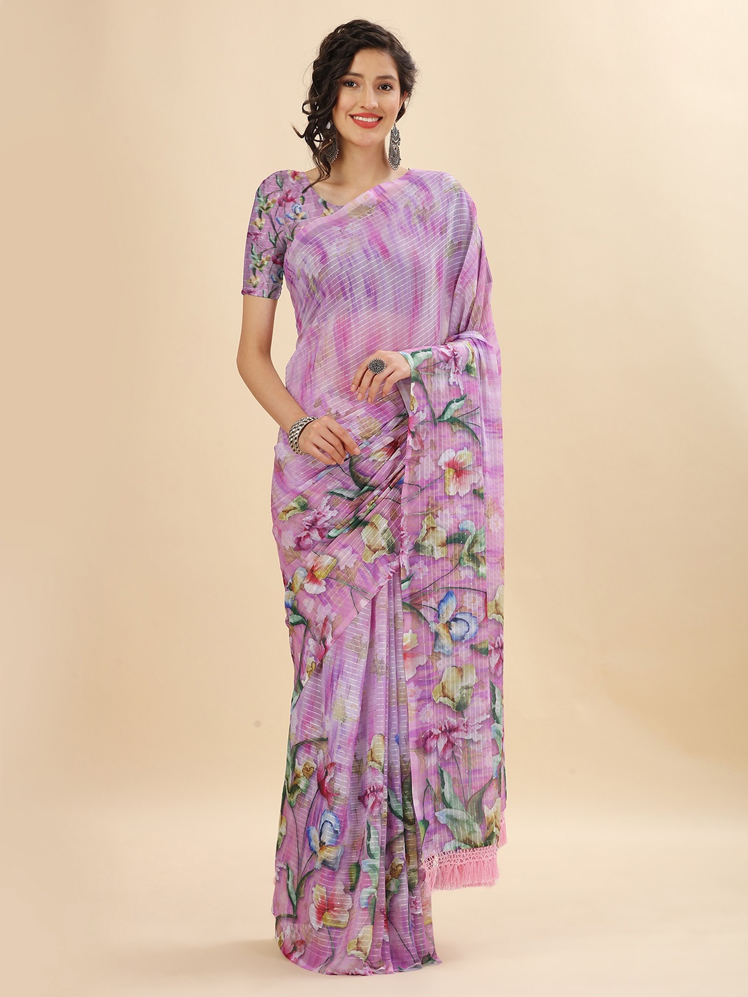 

Mitera Purple & Green Floral Sequinned Pure Georgette Saree