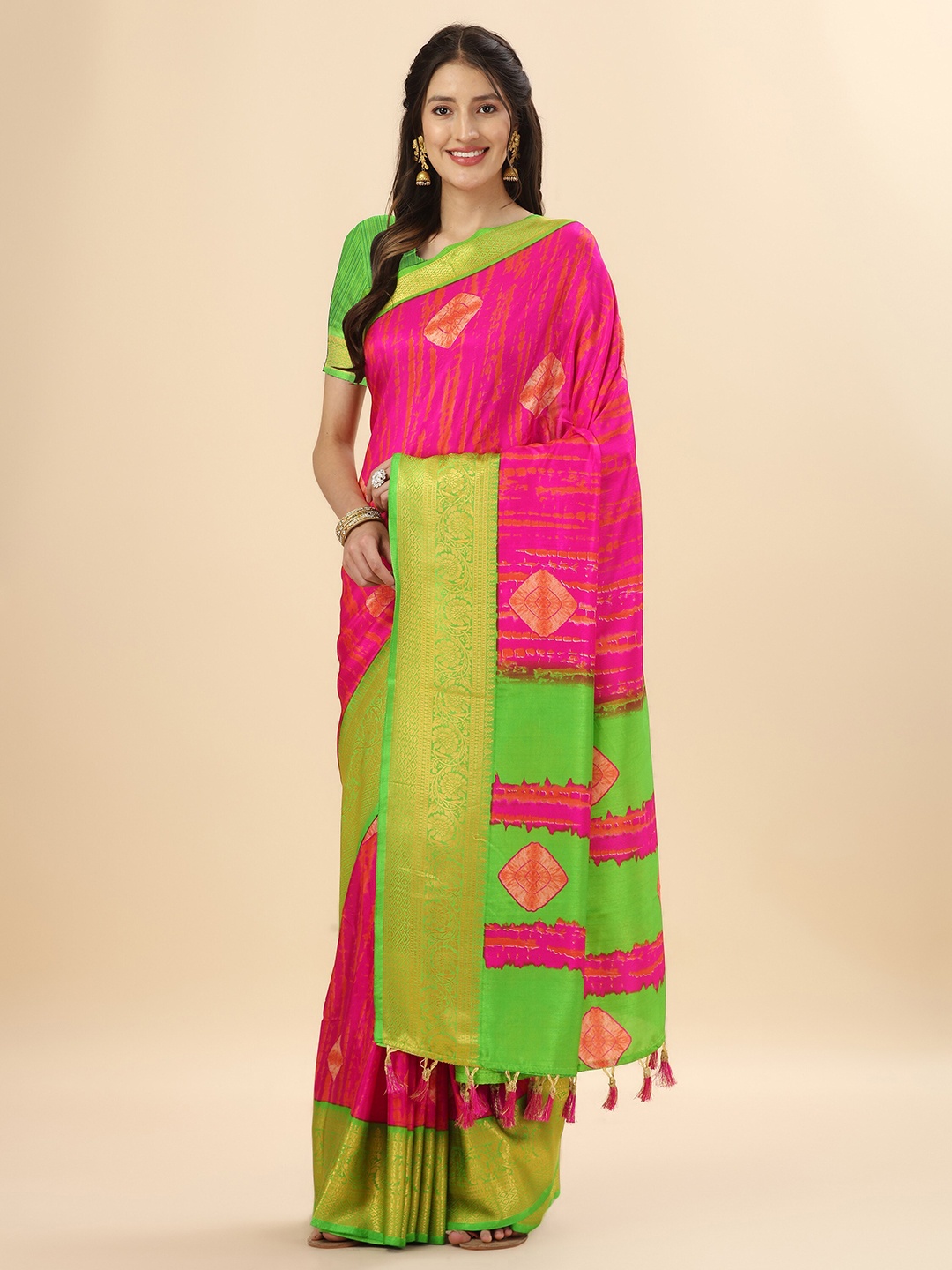 

Mitera Pink & Green Zari Pure Silk Banarasi Saree