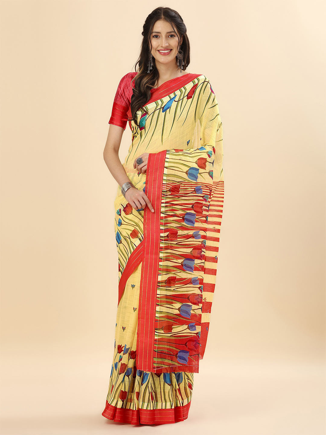 

Mitera Yellow & Red Floral Zari Pure Cotton Banarasi Saree