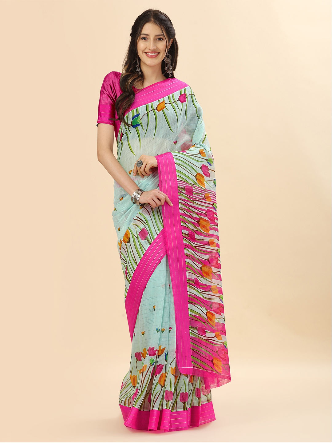 

Mitera Teal & Pink Floral Zari Pure Cotton Banarasi Saree