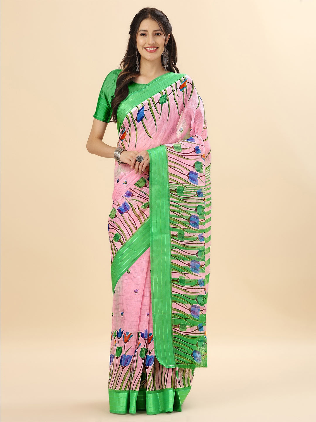 

Mitera Pink & Green Floral Pure Cotton Banarasi Saree