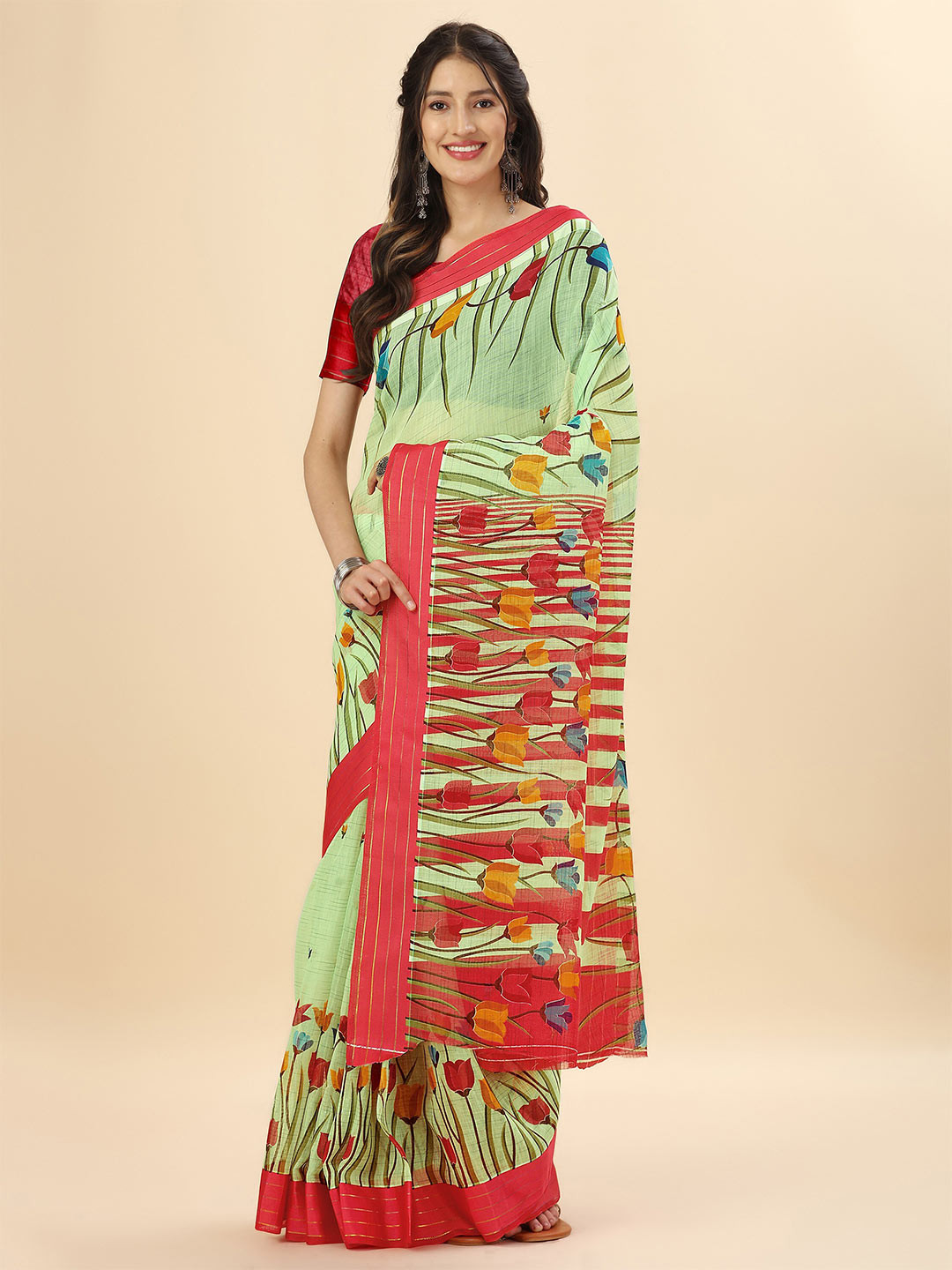 

Mitera Green & Red Floral Zari Pure Cotton Banarasi Saree